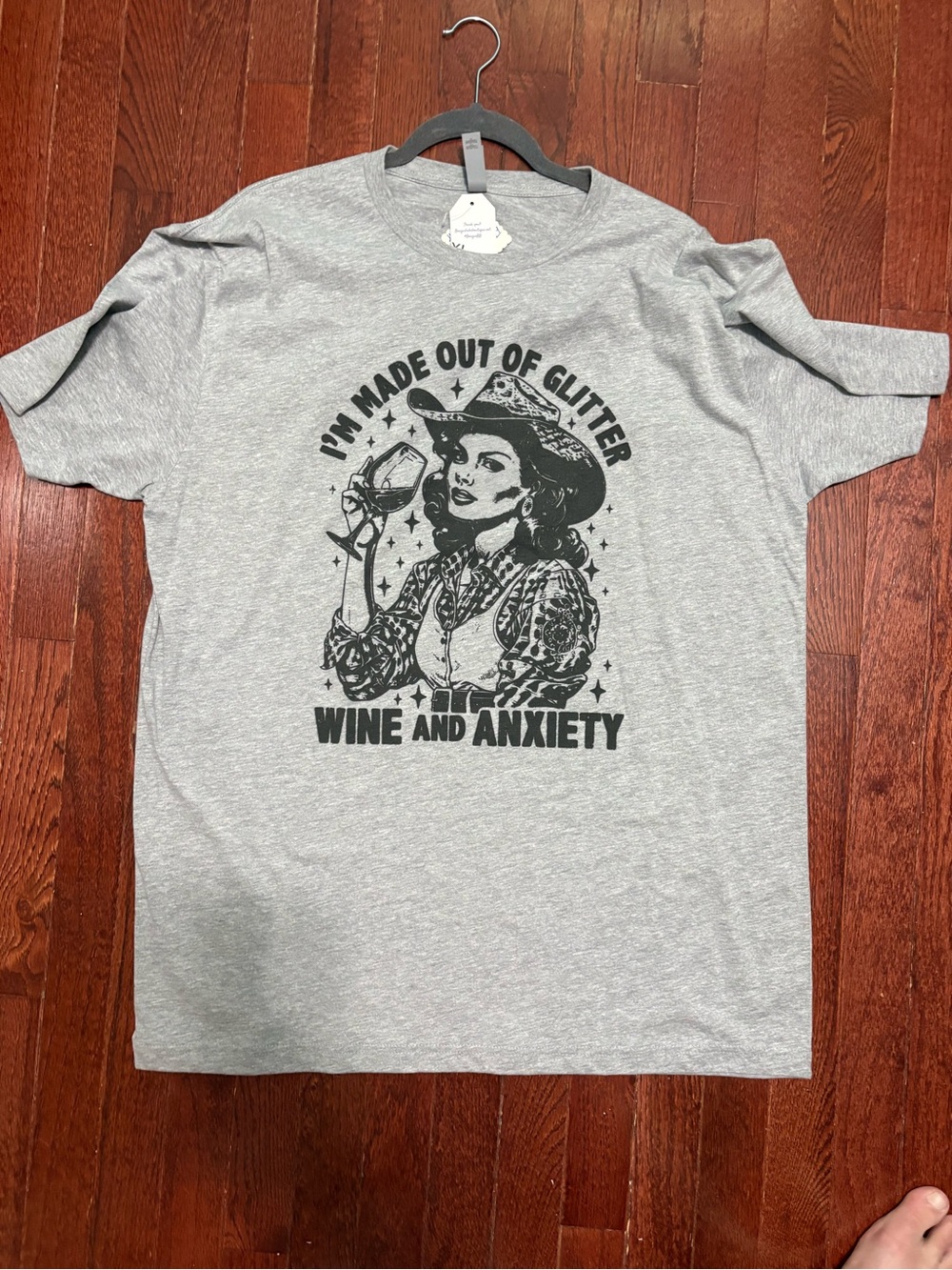 Women's Gray Graphic Tee - 'I'm Made Out of Glitter wine and anxiety”